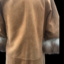 Load image into Gallery viewer, Vintage Camel Suede Tan Duster Coat with Genuine Fur Tuxedo and Cuffs in Natural Color