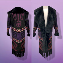 Load image into Gallery viewer, Purple Suede and Genuine Shearling Mosaic Coat with Fringe Western Aztec  Native Cowgirl Inspired Magenta Black and Gold