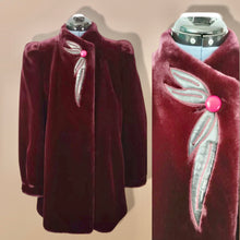 Load image into Gallery viewer, Vintage Red Wine Bergundy 80’s Does 40’s Puff Sleeve Coat Faux Fur with Leather Intarsia Glam Old Hollywood Glamour Vegan