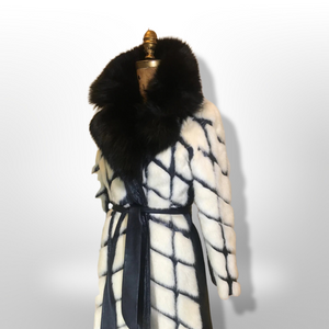 Women's Vintage Coat 60s Mink Fox Fur Mosaic Geometric Leather White Black Ultimate Luxury Three Tier Zip Off Coat Princess Mod S/M