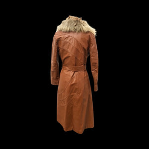 70’s Vintage Leather Caramel Coat with Fur Collar and Belt