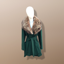 Load image into Gallery viewer, Vintage Forest Green 100% Wool Wrap Coat with Genuine Fur Collar