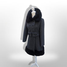 Load image into Gallery viewer, 60’s Vintage Black Wool Coat Fur Trim Sewn in Matching Belt