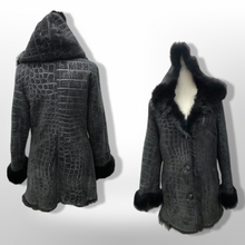 Load image into Gallery viewer, Black Hooded Shearling Suede Coat Alligator Print with Full Shearling Lining