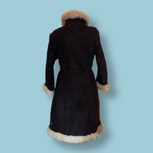 Load image into Gallery viewer, Vintage Coat- 70s Afghan Embroidered Turquoise Blue Sheep Shearling Sheepskin Suede Penny Lane Princess Coat Fit Flare S M Boho Hippy