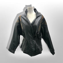 Load image into Gallery viewer, 80’s Black Leather Jacket Glam Gold Beaded and Embroidered Studio 54 David Bowie Style Dolman Sleeve