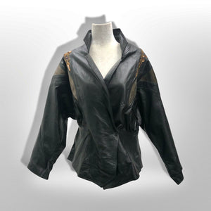 80’s Black Leather Jacket Glam Gold Beaded and Embroidered Studio 54 David Bowie Style Dolman Sleeve