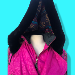 80’s 90’s Hot Pink Hooded Ski Windbreaker Jacket Cropped Tapered Waist Southwestern Aztec Trim