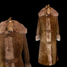 Load image into Gallery viewer, 70s Suede Afghan Coat Shearling Camel Leather Buckle Full Length Hardware Penny Lane Almost Famous, M/L/XL Hippy Russian Princess