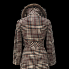 Load image into Gallery viewer, Vintage Tweed Plaid Coat with Fur Collar Fitted Flared Wool Petite