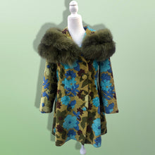 Load image into Gallery viewer, 60’s 70’s Tapestry Carpet Coat Blue Turquoise Green Beaded Belt Fur Fox Norwegian Collar