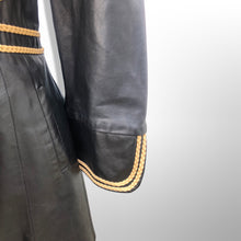 Load image into Gallery viewer, 70’s Leather Black Trench Spy Coat with Gold Braided Leather Trim