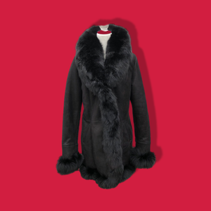 New Black Suede Shearling Lined Fox Fur Trim Luxury Coat