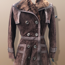 Load image into Gallery viewer, 60’s 70’s Suede Trench with Shearling Collar Made in Brazil Princess Fit and Flare