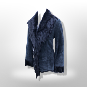 Vintage Black Suede Jacket Blazer Fitted with Tassle Fur Collar