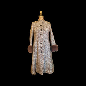 Vintage 60s 70s Women's Coat Mohair Wool Knitted Couture Made in Paris France Belt Fit Flare Princess Trim