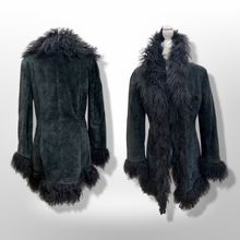 Load image into Gallery viewer, Vintage Black Suede and Curly Mongolian Bohemian Boho Hippy Coat Coachella Burning Man Goth