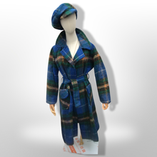 Load image into Gallery viewer, Made in Scotland Scottish Pure Mohair and Wool Plaid Coat Hat Scarf Three Piece Set Blue Yellow Wrap Style