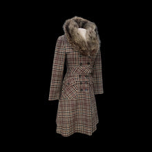 Load image into Gallery viewer, Vintage Tweed Plaid Coat with Fur Collar Fitted Flared Wool Petite