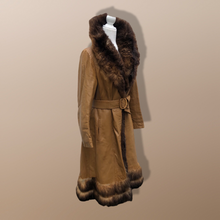 Load image into Gallery viewer, 70’s Caramel Leather Coat with Genuine Fur Trim Princess Fit and Flare Style
