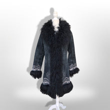Load image into Gallery viewer, Vintage Black Suede Embroidered Mongolian Lamb Shearling Coat 38” Bust Penny Lane Boho