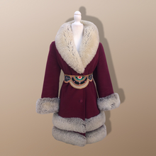 Load image into Gallery viewer, Women's Vintage Coat~ 70s Maroon Red Velveteen Velvet Shearling Tiered Princess Beaded  Belted Coat Fit Flare Penny Lane Almost Famous