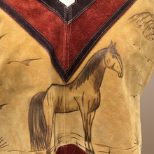 Load image into Gallery viewer, 70’s Suede Poncho Cape Equestrian Serape with Carved Horse Scene Mint Condition Fringe Border One Size Fits All Cowboy Cowgirl Unisex Southwestern Mexican Native Boho One of A Kind