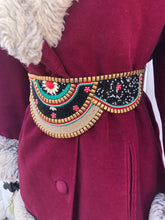 Load image into Gallery viewer, Women's Vintage Coat~ 70s Maroon Red Velveteen Velvet Shearling Tiered Princess Beaded  Belted Coat Fit Flare Penny Lane Almost Famous