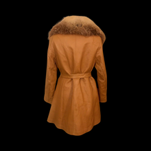 Load image into Gallery viewer, 70s Vintage Women&#39;s Coat Caramel Leather Huge Red Ombre Fox Fur Fit Flare Studio 54 Small to Large