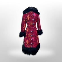 Load image into Gallery viewer, 60’s 70’s Rare Red Carpet Tapestry Coat Needlepoint Floral Exotic Design with Genuine Fox Fur and Goat Shearling Trim Jeweled Belt Small Petite