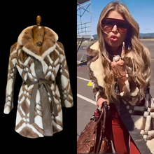 Load image into Gallery viewer, 60s Geometric Jessica Simpson Leather Coat --Mod Mosaic Mink White and Brown Patchwork ColorBlock Coat S/M