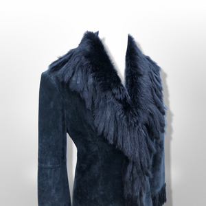 Vintage Black Suede Jacket Blazer Fitted with Tassle Fur Collar