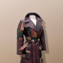 Load image into Gallery viewer, 70s Leather Coat l Maroon Patchwork Fit Flare Trench Spy Boho Studio 54 Mosaic boho chic One of a Kind