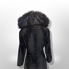 Load image into Gallery viewer, 70’s Vintage Black Princess Shearling and Faux Astrakhan Lamb Fabric hooded Fit and Flare Boho