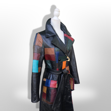 Load image into Gallery viewer, 70s Leather Coat l Black Patchwork Fit Flare Trench Spy Boho Studio 54 Mosaic boho chic One of a Kind