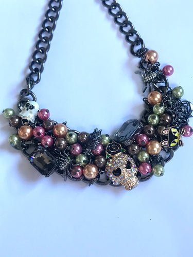 Betsey Johnson Halloween Costume Jewelry Necklace Pearl Skull Spiderwebs Spiders Rhinestone Glass Metal Trinkets