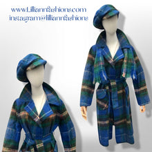 Load image into Gallery viewer, Made in Scotland Scottish Pure Mohair and Wool Plaid Coat Hat Scarf Three Piece Set Blue Yellow Wrap Style