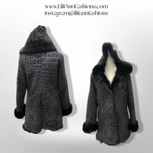 Load image into Gallery viewer, Black Hooded Shearling Suede Coat Alligator Print with Full Shearling Lining