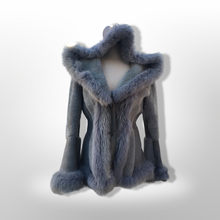 Load image into Gallery viewer, Gray Blue Suede Shearling Hooded Flare Bell Sleeve Coat