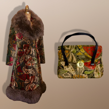 Load image into Gallery viewer, 70’s Vintage Coat Velvet Boho Lamb Shearling Tapestry Coat Gold Bergundy Brocade Carpet Hippy Royalty Penny Lane Almost Famous M Russian Princess matching purse