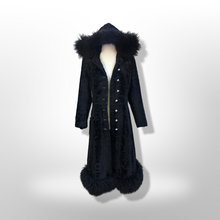 Load image into Gallery viewer, 70’s Vintage Black Princess Shearling and Faux Astrakhan Lamb Fabric hooded Fit and Flare Boho