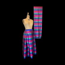 Load image into Gallery viewer, Rainbow Thai Silk Skirt Scarf Set Top Striped Pleats DEADSTOCK New Smithsonian Set Vibrant Colors-Magenta Royal Blue Red Green