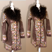 Load image into Gallery viewer, Vintage Deadstock Embroidered Pink Floral Brown Suede and Mongolian Lamb Coat Small Petite