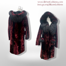 Load image into Gallery viewer, Genuine Fur Hooded Coat Shearling and Fox Fur Bergundy Iridescent and Black Gothic Ombré Victorian