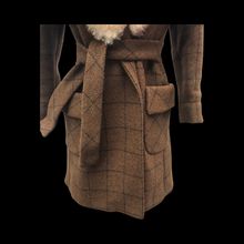 Load image into Gallery viewer, Tweed Plaid Wool Army Green Wrap Coat With Shearling Collar