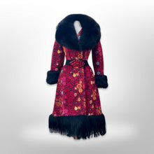 Load image into Gallery viewer, 60’s 70’s Rare Red Carpet Tapestry Coat Needlepoint Floral Exotic Design with Genuine Fox Fur and Goat Shearling Trim Jeweled Belt Small Petite