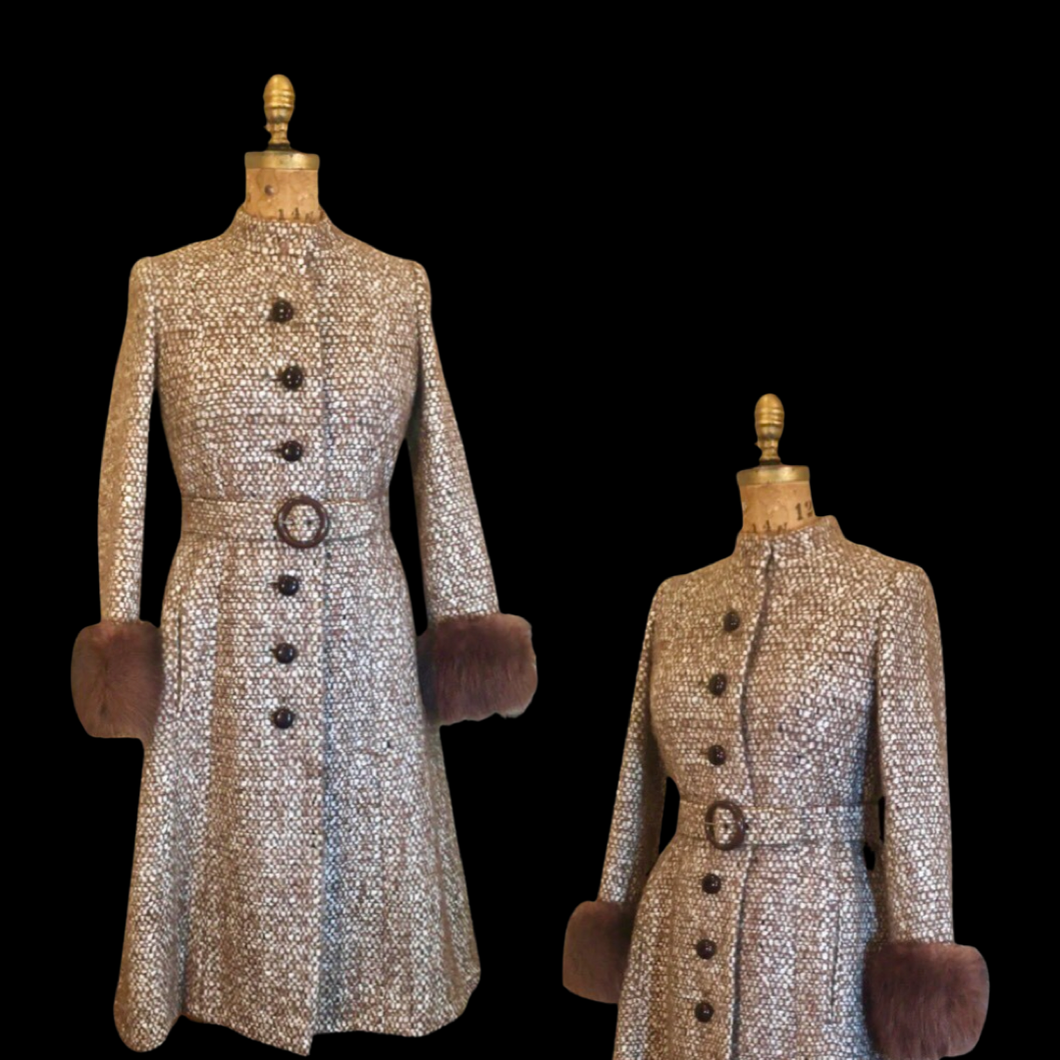 Vintage 60s 70s Women's Coat Mohair Wool Knitted Couture Made in Paris France Belt Fit Flare Princess Trim