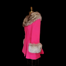 Load image into Gallery viewer, 60s Pink Lilli Ann Norwegian Fox Fur Coat Fit and Flare Neon Florescent Bright Pink Double Breasted Princess