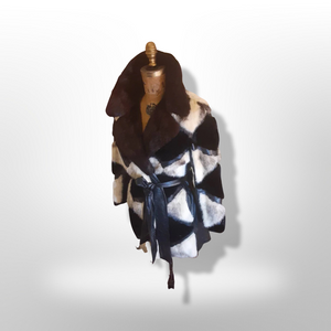Vintage Women's Coat- Mod Dramatic 60s Cross Mink White Black Leather Mosaic Geometric Princess Jacket Coat