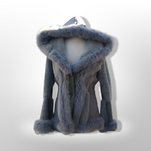 Load image into Gallery viewer, Gray Blue Suede Shearling Hooded Flare Bell Sleeve Coat